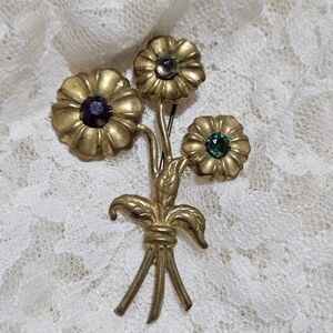 Vintage Flower Corsage Gold Tone Brooch With Colorful Stone Flower Centers